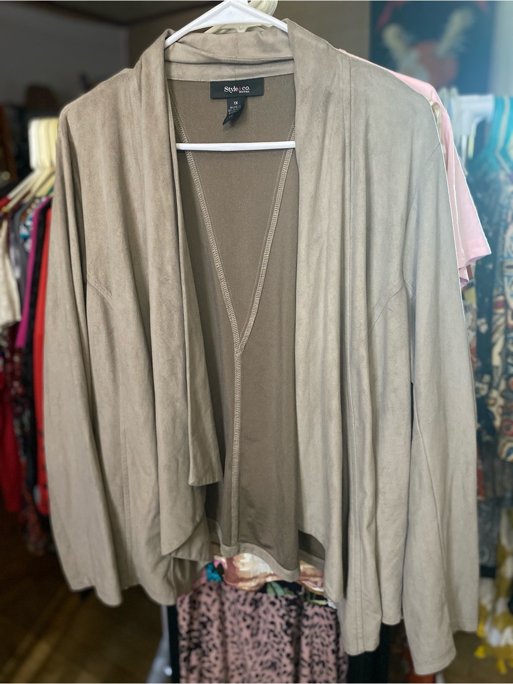 Style & Co. Women's Taupe Draped Open-Front Suede Cardigan